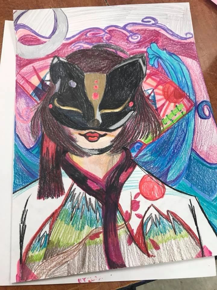 A detailed coloured pencil drawing of a masked figure with long dark hair, a crescent moon and swirling pink sky above, and a mountain landscape woven into the clothing below.