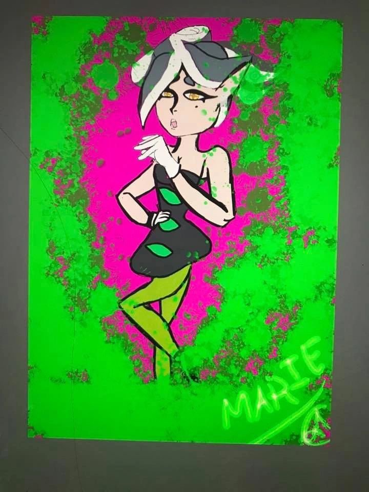 A digital drawing of an animated character with white and grey hair against a bright green and pink background, signed Marie with a peace sign.