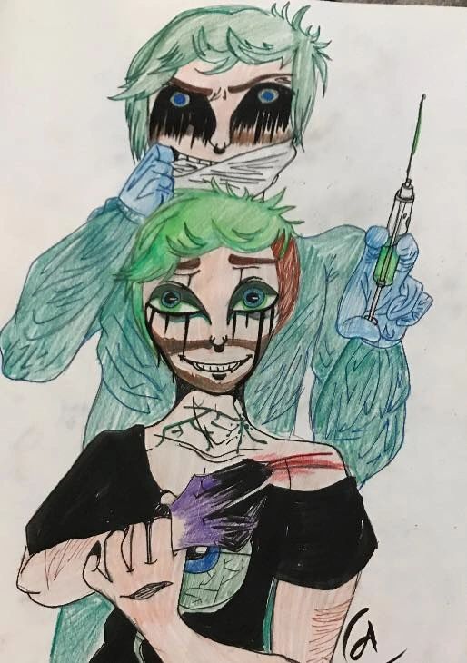 A coloured pencil drawing of two green-haired figures, one holding a syringe, drawn in a dramatic illustrated style with dark eye makeup and visible scarring.