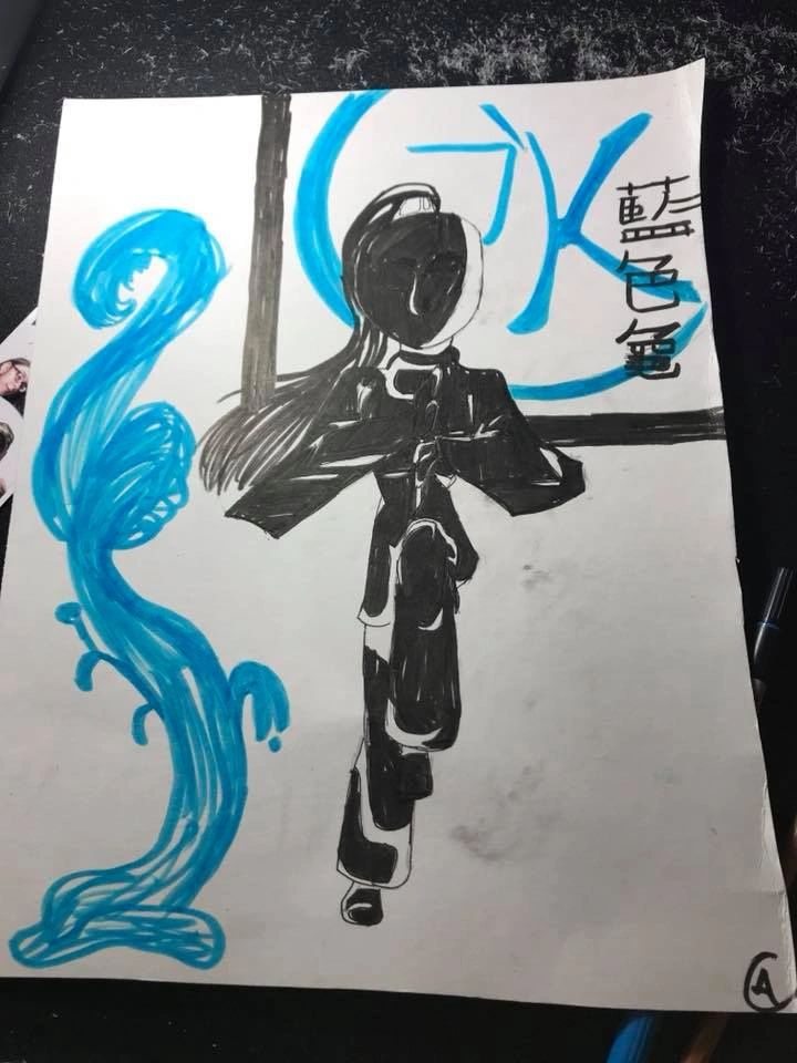 A marker drawing of a figure in a black coat walking beside a swirling blue wave, with Chinese characters and a stylised water symbol drawn beside them.