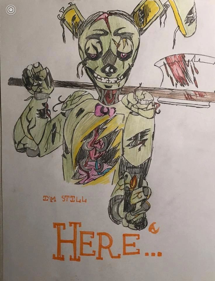 A detailed coloured pencil drawing of a rabbit-eared character holding an axe over its shoulder, with visible injuries and the words I'm still here written beneath it.
