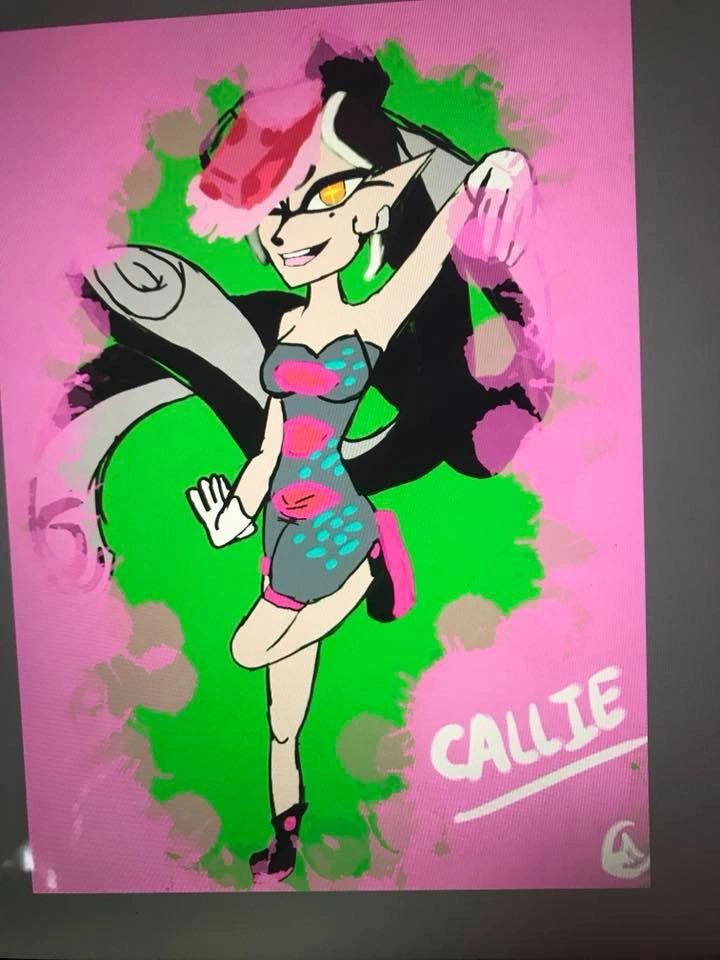 A digital drawing of an animated character in a pink and teal outfit posing against a pink and green splattered background, labelled Callie.