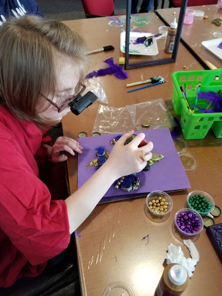 Artwork and artists from the February 2019 — Mardi Gras Fun session at Creating With Blind Abandon.
