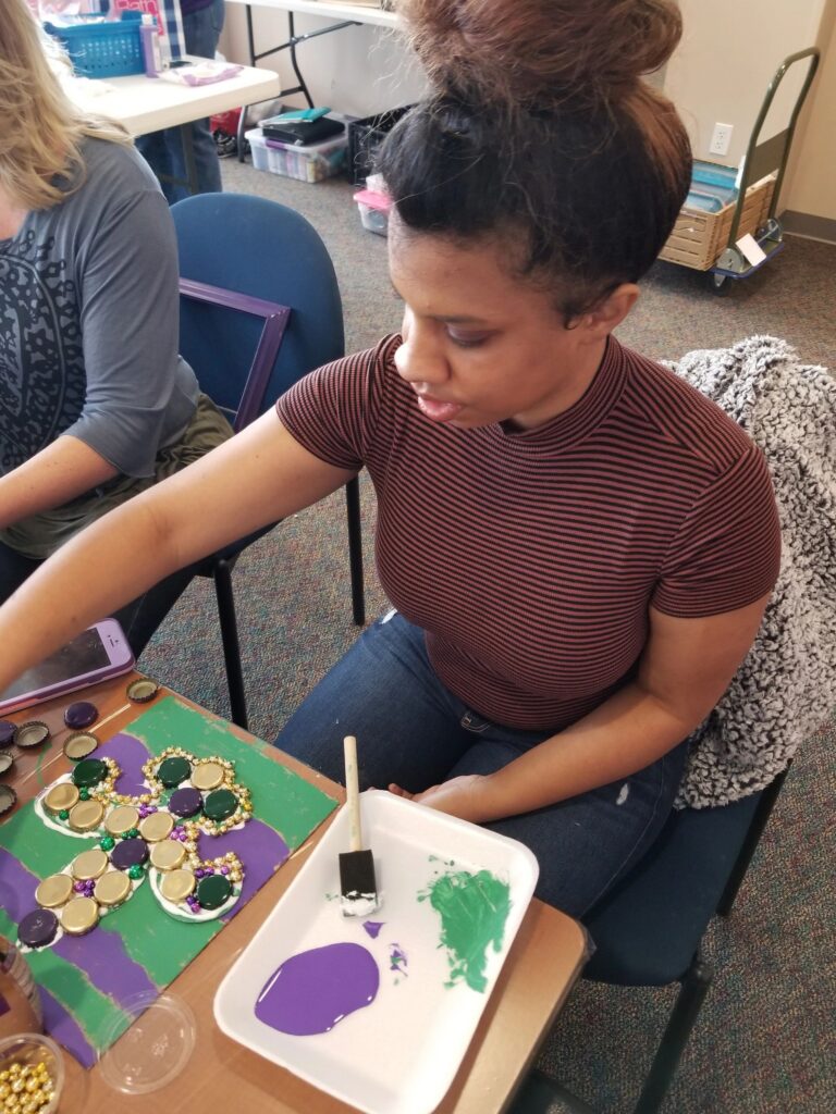 Artwork and artists from the February 2019 — Mardi Gras Fun session at Creating With Blind Abandon.
