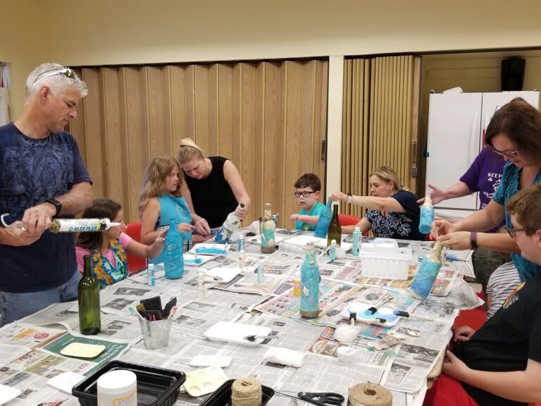 Artwork and artists from the August 2019 Beach Bottles session at Creating With Blind Abandon.