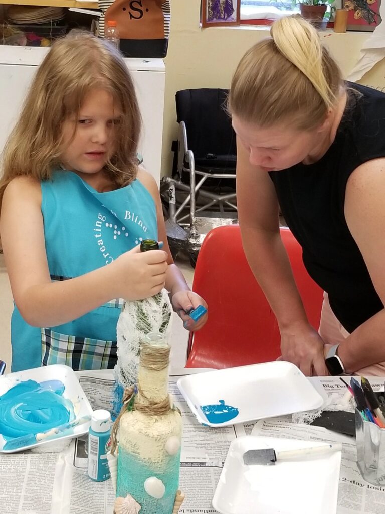 Artwork and artists from the August 2019 Beach Bottles session at Creating With Blind Abandon.