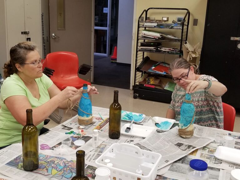 Artwork and artists from the August 2019 Beach Bottles session at Creating With Blind Abandon.