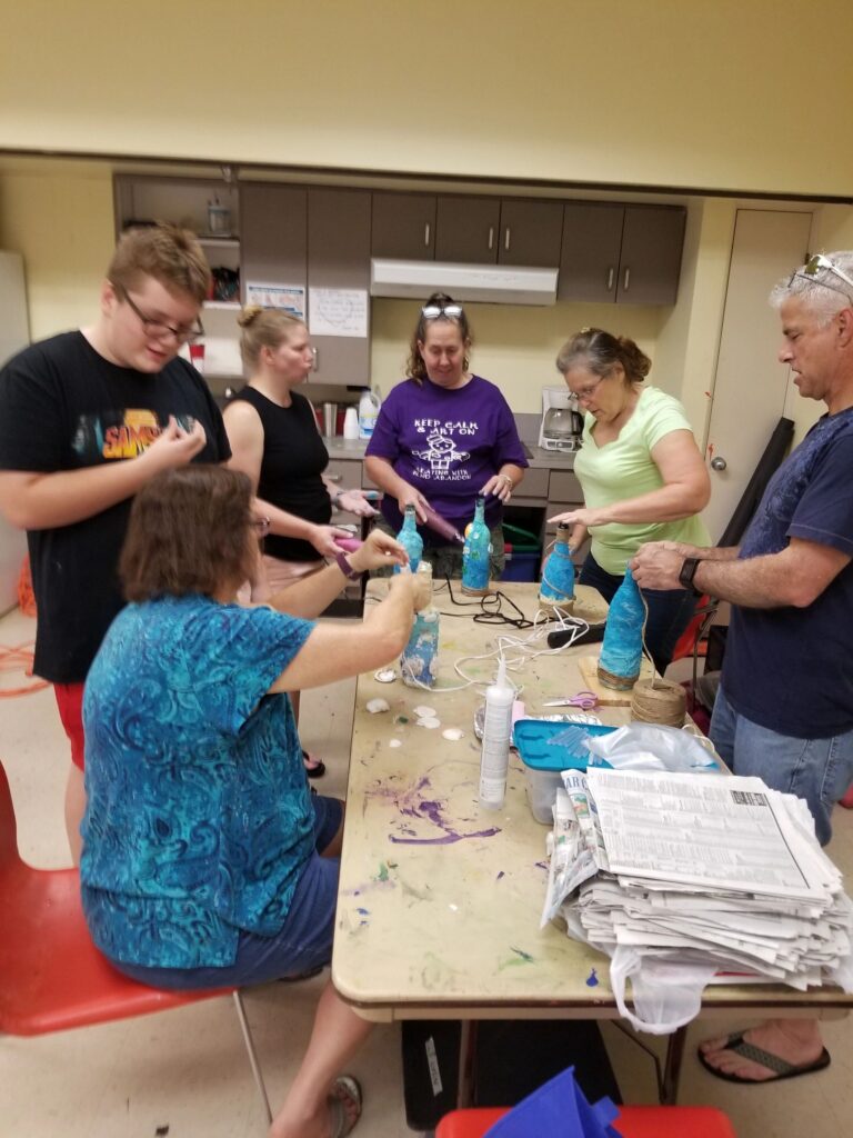 Artwork and artists from the August 2019 Beach Bottles session at Creating With Blind Abandon.