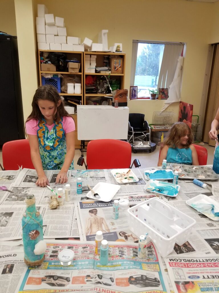Artwork and artists from the August 2019 Beach Bottles session at Creating With Blind Abandon.