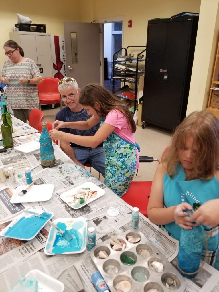 Artwork and artists from the August 2019 Beach Bottles session at Creating With Blind Abandon.