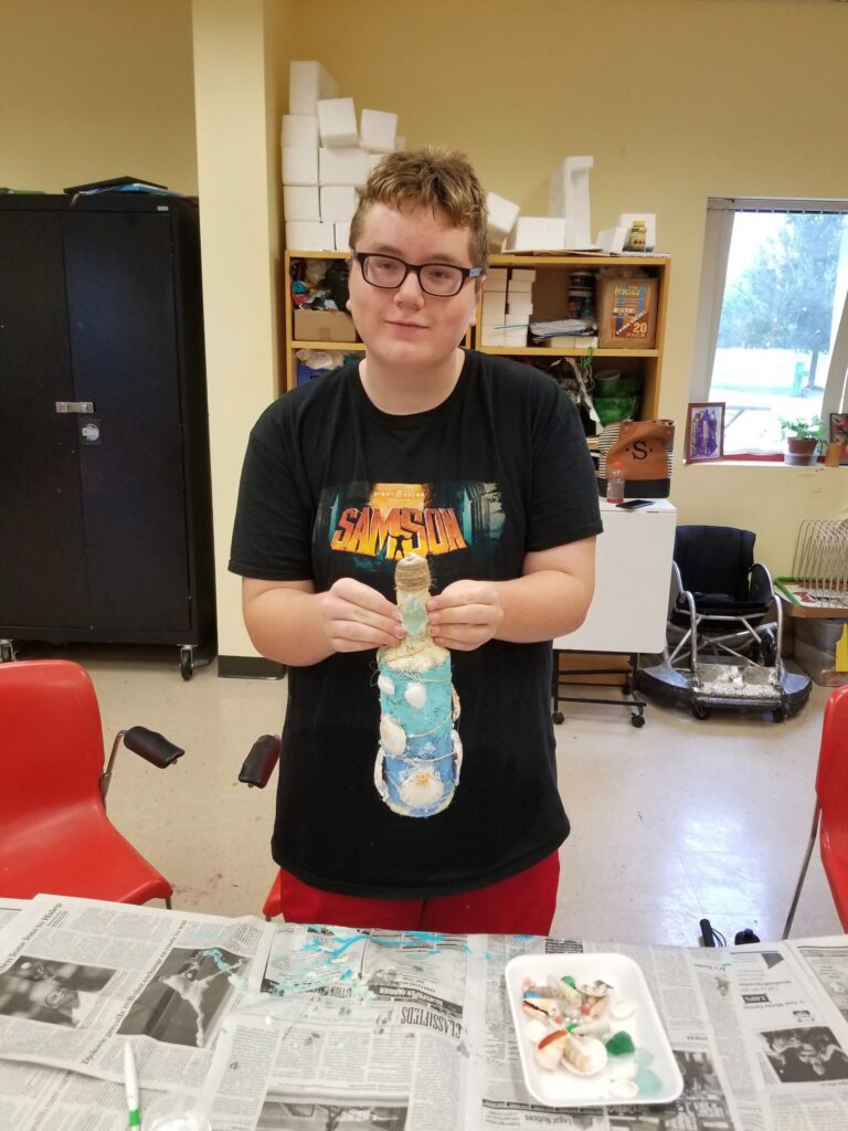 Artwork and artists from the August 2019 Beach Bottles session at Creating With Blind Abandon.