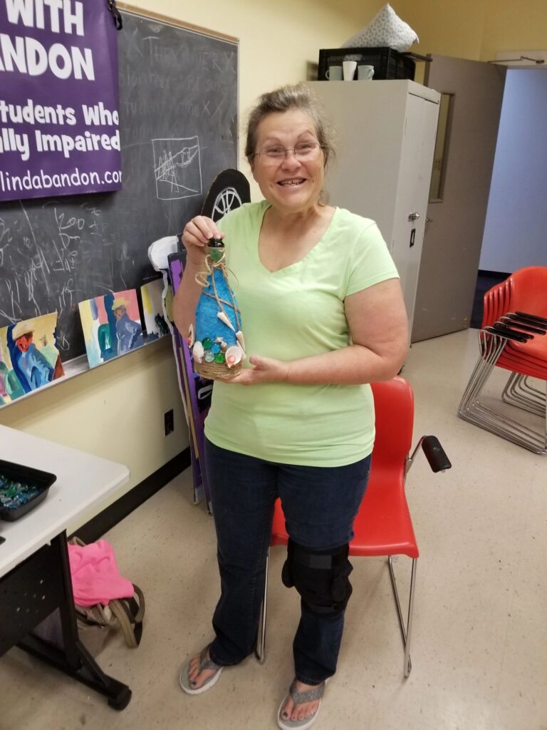 Artwork and artists from the August 2019 Beach Bottles session at Creating With Blind Abandon.