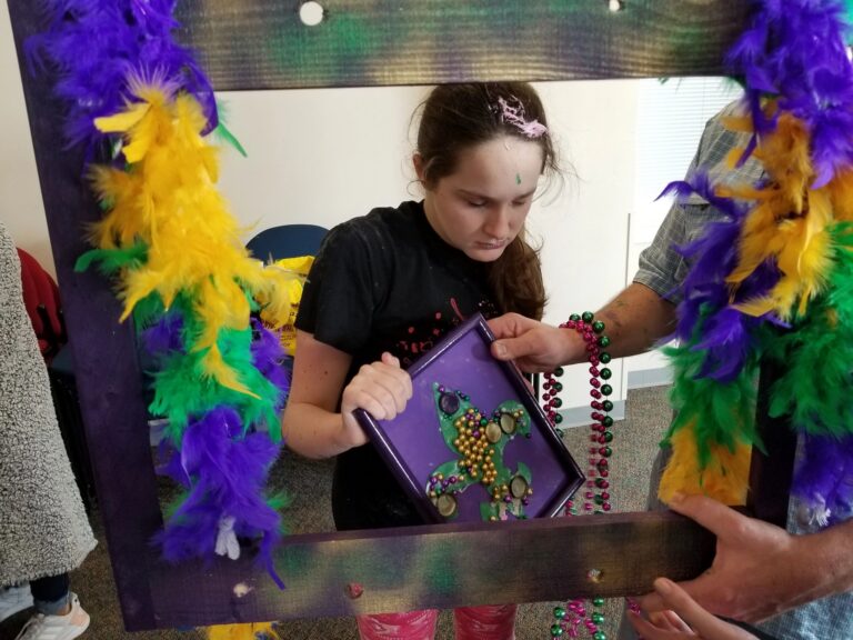 Artwork and artists from the February 2019 — Mardi Gras Fun session at Creating With Blind Abandon.