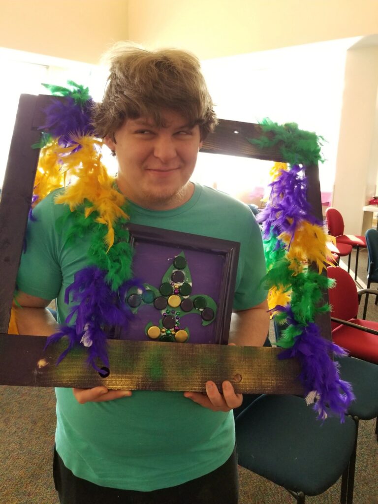 Artwork and artists from the February 2019 — Mardi Gras Fun session at Creating With Blind Abandon.