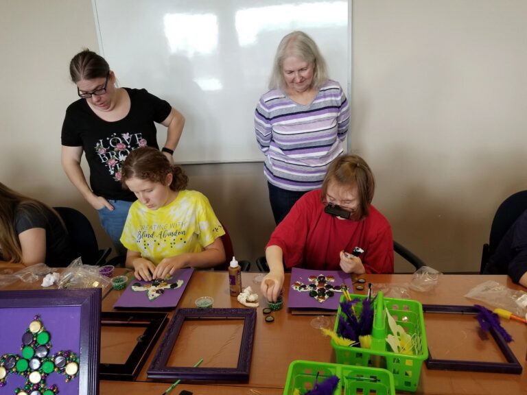 Artwork and artists from the February 2019 — Mardi Gras Fun session at Creating With Blind Abandon.