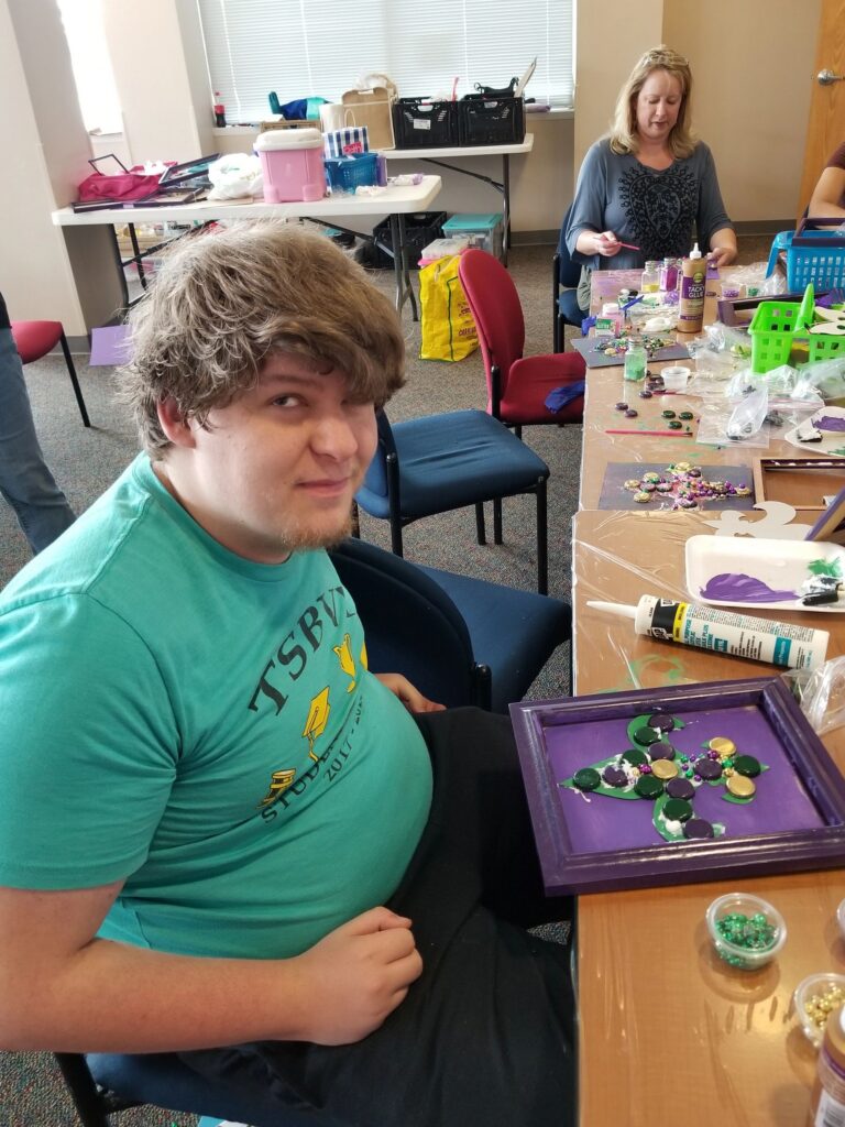 Artwork and artists from the February 2019 — Mardi Gras Fun session at Creating With Blind Abandon.