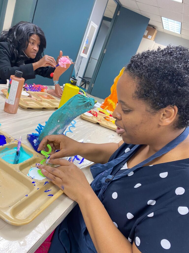 Artwork and artists from the September 2023 Adult Sculptures session at Creating With Blind Abandon.