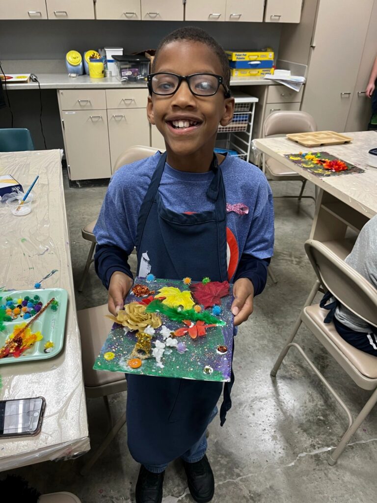 Artwork and artists from the Oct '23 — Kids - Fall Canvas Art session at Creating With Blind Abandon.