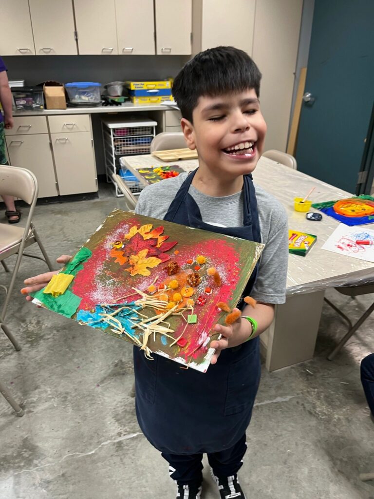 Artwork and artists from the Oct '23 — Kids - Fall Canvas Art session at Creating With Blind Abandon.