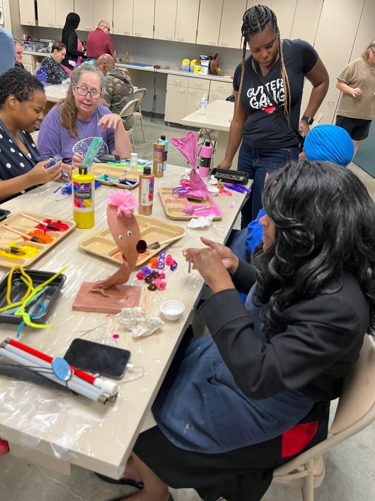 Artwork and artists from the September 2023 Adult Sculptures session at Creating With Blind Abandon.