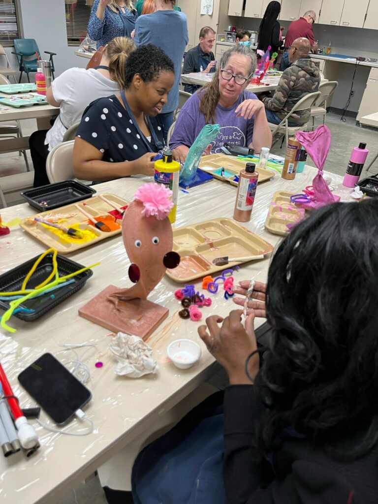 Artwork and artists from the September 2023 Adult Sculptures session at Creating With Blind Abandon.