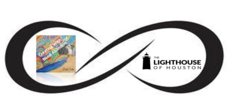 A black infinity-symbol graphic with the Creating With Blind Abandon book cover on one loop and The Lighthouse of Houston logo on the other.