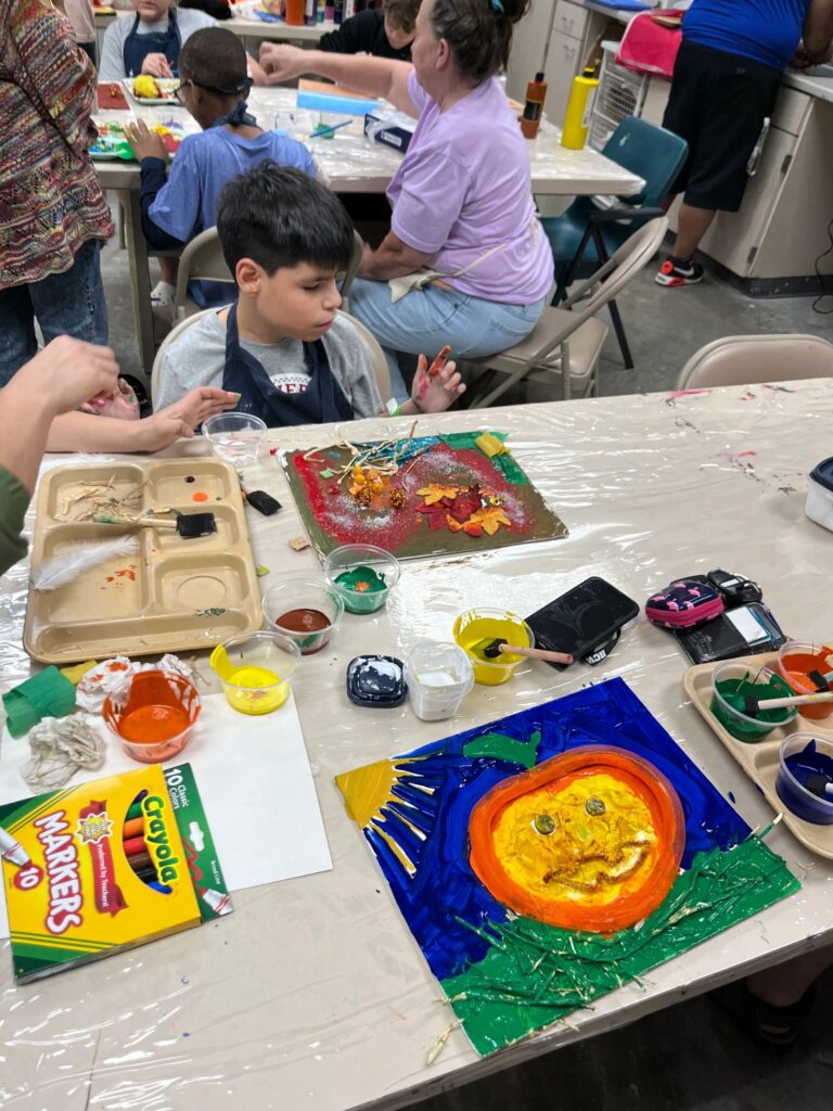 Artwork and artists from the Oct '23 — Kids - Fall Canvas Art session at Creating With Blind Abandon.
